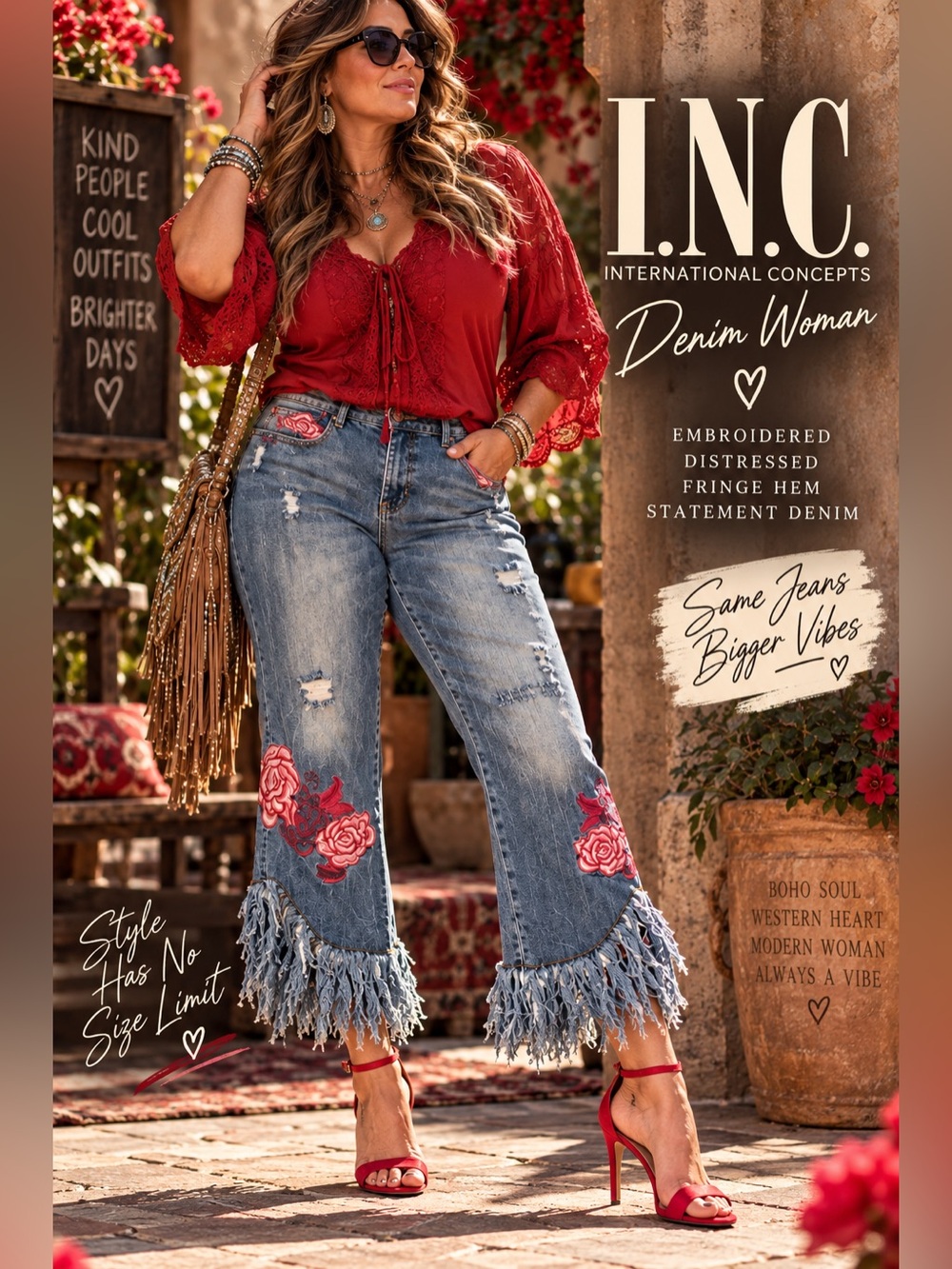 INC International Concepts Red Embroidered Fringe Hem Wide Leg Jeans